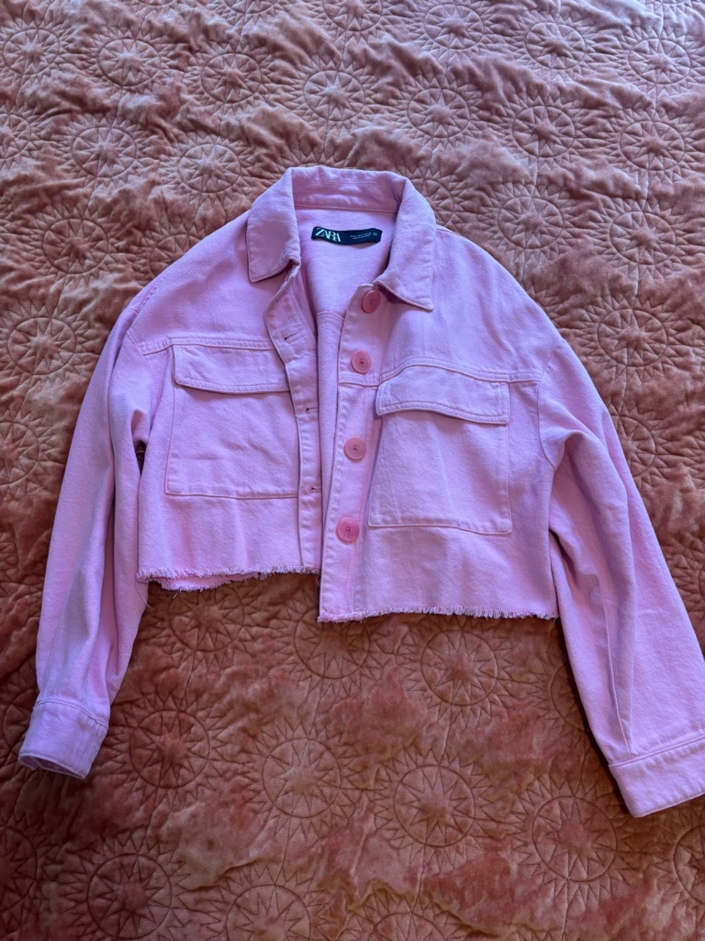 Zara Light Pink Cropped Denim Jacket